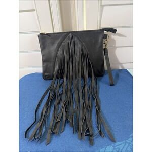 Bay Sky Dixie Wristlet Zipper Pouch Clutch With Fringe Black Leather Cotton EUC